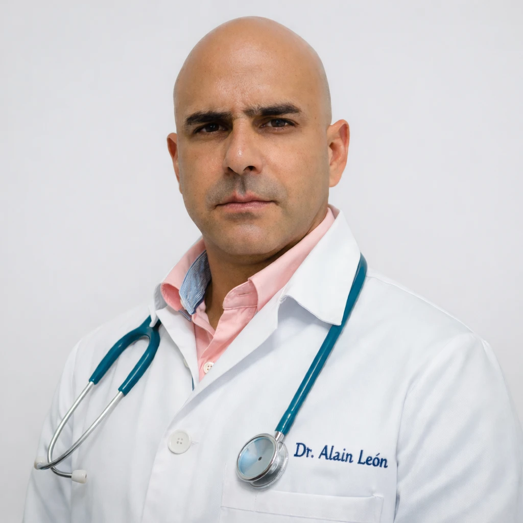 Portrait of Dr. Alain León Medina smiling in a white coat